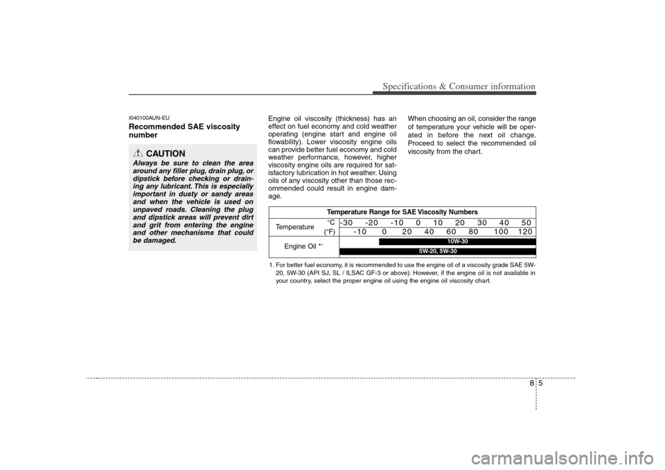 KIA Rondo 2008 2.G Owners Manual 85
Specifications & Consumer information
I040100AUN-EURecommended SAE viscosity
number   
Engine oil viscosity (thickness) has an
effect on fuel economy and cold weather
operating (engine start and en