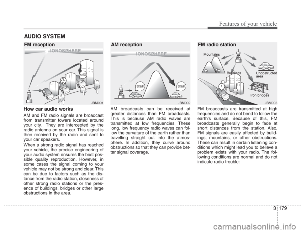 KIA Sedona 2008 2.G Owners Manual 3179
Features of your vehicle
How car audio works
AM and FM radio signals are broadcast
from transmitter towers located around
your city. They are intercepted by the
radio antenna on your car. This si
