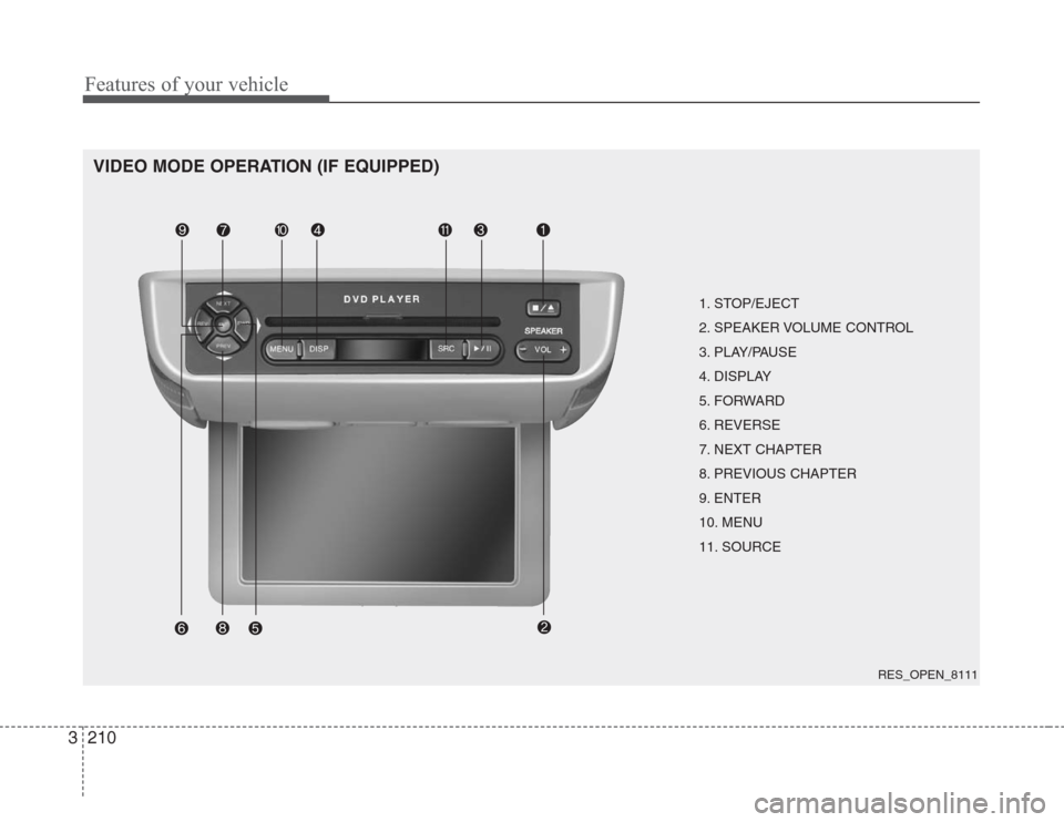 KIA Sedona 2008 2.G Owners Manual Features of your vehicle
210 3
VIDEO MODE OPERATION (IF EQUIPPED)
1. STOP/EJECT
2. SPEAKER VOLUME CONTROL
3. PLAY/PAUSE
4. DISPLAY
5. FORWARD
6. REVERSE
7. NEXT CHAPTER
8. PREVIOUS CHAPTER
9. ENTER
10