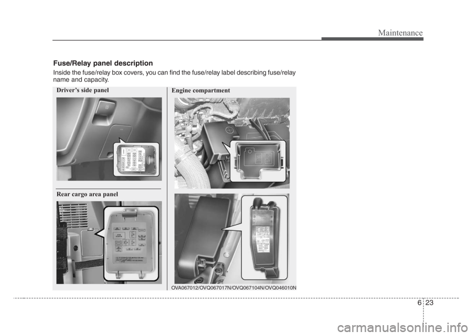 KIA Sedona 2008 2.G Owners Manual 623
Maintenance
Fuse/Relay panel description
Inside the fuse/relay box covers, you can find the fuse/relay label describing fuse/relay
name and capacity.
Driver’s side panelEngine compartment
OVA067
