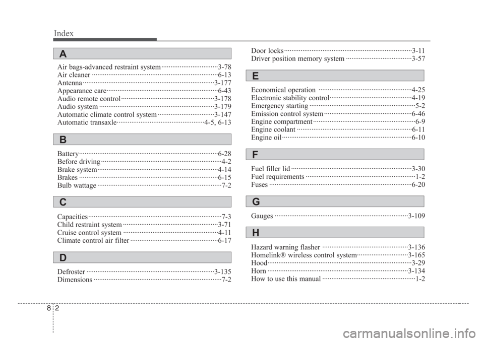 KIA Sedona 2008 2.G Owners Manual Index
2 8
Air bags-advanced restraint system ·······························3-78
Air cleaner ······································