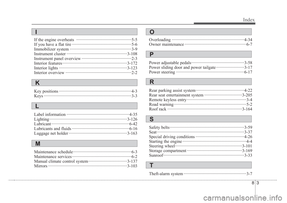 KIA Sedona 2008 2.G Owners Manual 83
Index
If the engine overheats  ···················································5-5
If you have a flat tire ··················