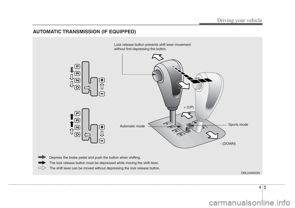 KIA Sorento 2008 1.G Owners Manual 45
Driving your vehicle
AUTOMATIC TRANSMISSION (IF EQUIPPED)
OBL046900N
+ (UP)
- (DOWN)Sports mode
Automatic mode
The lock release button must be depressed while moving the shift lever. Depress the br
