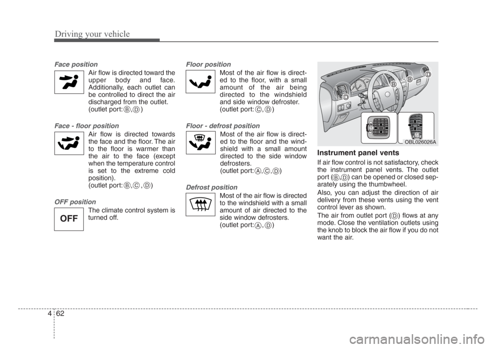 KIA Sorento 2008 1.G Owners Manual Driving your vehicle
62 4
Face position 
Air flow is directed toward the
upper body and face.
Additionally, each outlet can
be controlled to direct the air
discharged from the outlet.
(outlet port: ,  KIA Sorento 2008 1.G Owners Manual Driving your vehicle
62 4
Face position 
Air flow is directed toward the
upper body and face.
Additionally, each outlet can
be controlled to direct the air
discharged from the outlet.
(outlet port: ,