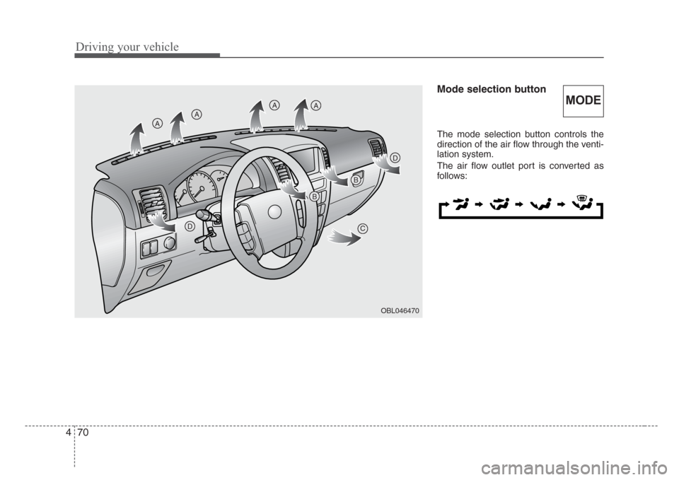 KIA Sorento 2008 1.G Owners Manual Driving your vehicle
70 4
Mode selection button
The mode selection button controls the
direction of the air flow through the venti-
lation system.
The air flow outlet port is converted as
follows:
MOD KIA Sorento 2008 1.G Owners Manual Driving your vehicle
70 4
Mode selection button
The mode selection button controls the
direction of the air flow through the venti-
lation system.
The air flow outlet port is converted as
follows:
MOD