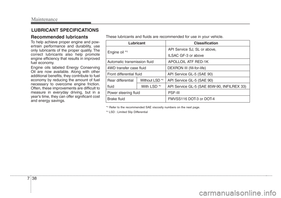 KIA Sorento 2008 1.G Owners Manual Maintenance
38 7
LUBRICANT SPECIFICATIONS
Recommended lubricants
To help achieve proper engine and pow-
ertrain performance and durability, use
only lubricants of the proper quality. The
correct lubri