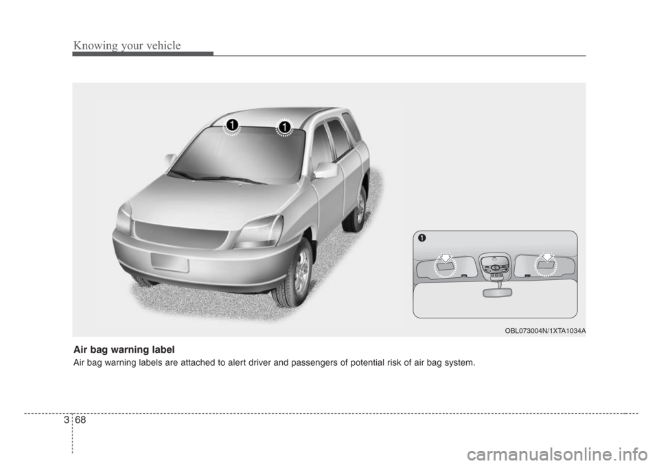 KIA Sorento 2008 1.G Manual PDF Knowing your vehicle
68 3
Air bag warning label
Air bag warning labels are attached to alert driver and passengers of potential risk of air bag system.
OBL073004N/1XTA1034A KIA Sorento 2008 1.G Manual PDF Knowing your vehicle
68 3
Air bag warning label
Air bag warning labels are attached to alert driver and passengers of potential risk of air bag system.
OBL073004N/1XTA1034A