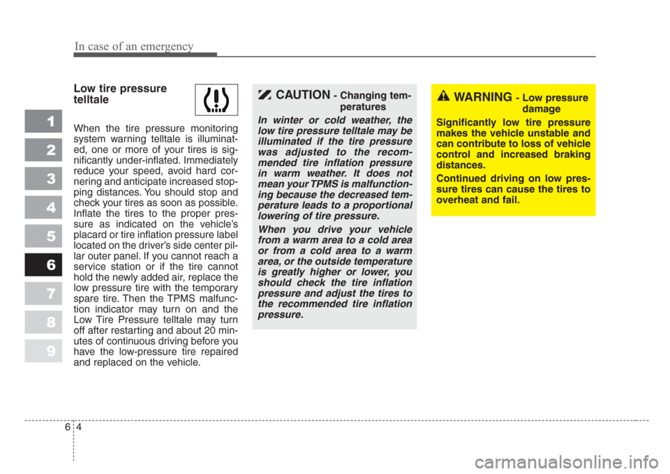 KIA Spectra 2008 2.G Owners Manual In case of an emergency
4 6
Low tire pressure
telltale
When the tire pressure monitoring
system warning telltale is illuminat-
ed, one or more of your tires is sig-
nificantly under-inflated. Immediat