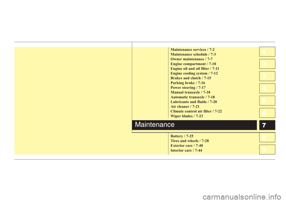 KIA Spectra 2008 2.G Owners Manual 1
2
3
4
5
6
7
8
91
2
3
4
5
6
7
8
9Maintenance services / 7-2
Maintenance schedule / 7-3
Owner maintenance / 7-7
Engine compartment / 7-10
Engine oil and oil filter / 7-11
Engine cooling system / 7-12
