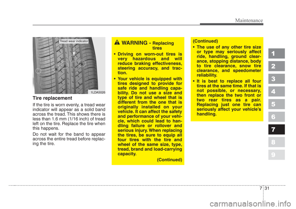 KIA Spectra 2008 2.G Owners Manual 731
Maintenance
1
2
3
4
5
6
7
8
9
Tire replacement
If the tire is worn evenly, a tread wear
indicator will appear as a solid band
across the tread. This shows there is
less than 1.6 mm (1/16 inch) of KIA Spectra 2008 2.G Owners Manual 731
Maintenance
1
2
3
4
5
6
7
8
9
Tire replacement
If the tire is worn evenly, a tread wear
indicator will appear as a solid band
across the tread. This shows there is
less than 1.6 mm (1/16 inch) of