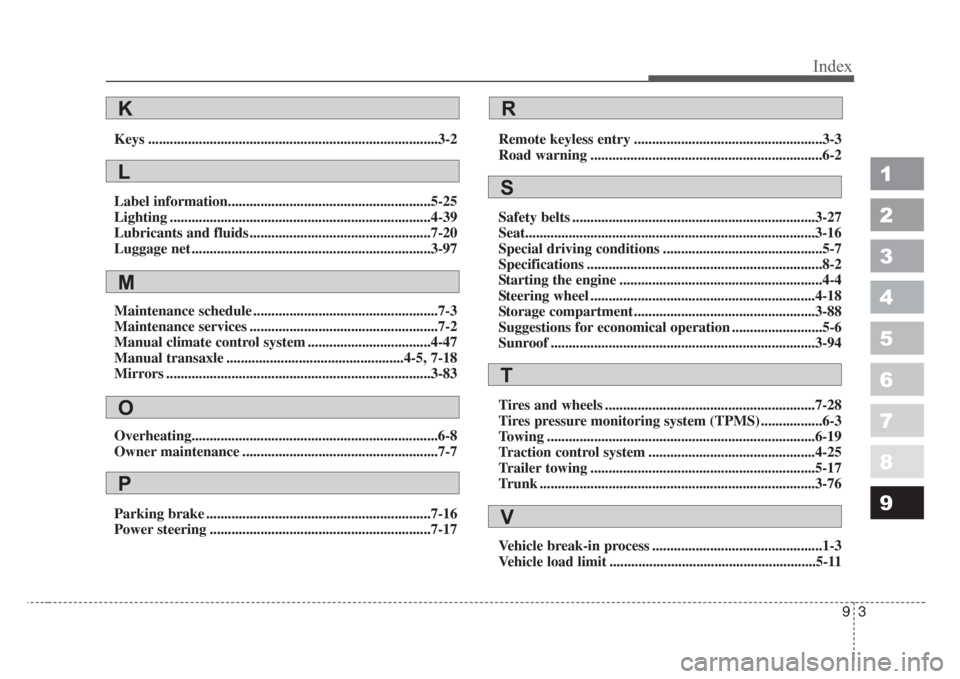 KIA Spectra 2008 2.G Owners Manual 93
1
2
3
4
5
6
7
8
9
Index
Keys ................................................................................3-2
Label information........................................................5-25
Lighti