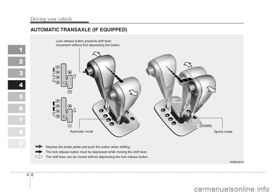 KIA Sportage 2008 JE_ / 2.G Owners Manual 1
2
3
4
5
6
7
8
9
Driving your vehicle
6 4
AUTOMATIC TRANSAXLE (IF EQUIPPED)
1KMA3019
The lock release button must be depressed while moving the shift lever. Depress the brake pedal and push the butto KIA Sportage 2008 JE_ / 2.G Owners Manual 1
2
3
4
5
6
7
8
9
Driving your vehicle
6 4
AUTOMATIC TRANSAXLE (IF EQUIPPED)
1KMA3019
The lock release button must be depressed while moving the shift lever. Depress the brake pedal and push the butto