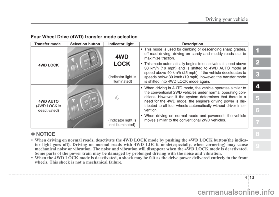 KIA Sportage 2008 JE_ / 2.G Owners Manual 413
Driving your vehicle
Four Wheel Drive (4WD) transfer mode selection
1
2
3
4
5
6
7
8
9
Transfer mode Selection button Indicator light Description
• This mode is used for climbing or descending s KIA Sportage 2008 JE_ / 2.G Owners Manual 413
Driving your vehicle
Four Wheel Drive (4WD) transfer mode selection
1
2
3
4
5
6
7
8
9
Transfer mode Selection button Indicator light Description
• This mode is used for climbing or descending s