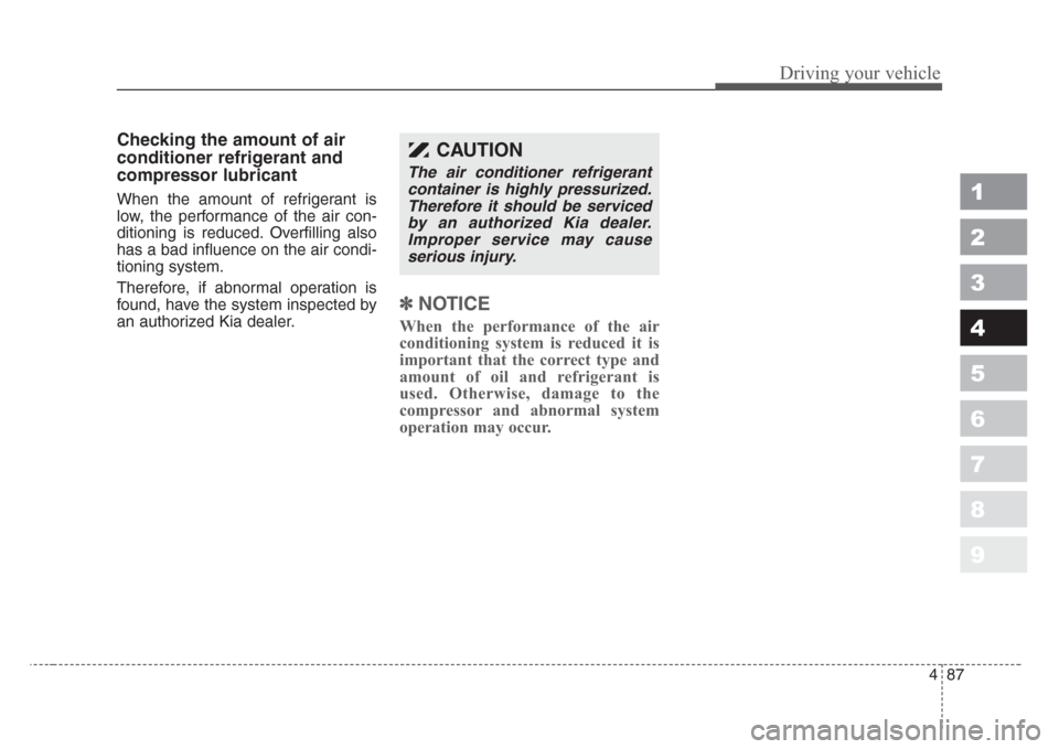 KIA Sportage 2008 JE_ / 2.G Owners Manual 487
Driving your vehicle
1
2
3
4
5
6
7
8
9
Checking the amount of air
conditioner refrigerant and
compressor lubricant
When the amount of refrigerant is
low, the performance of the air con-
ditioning KIA Sportage 2008 JE_ / 2.G Owners Manual 487
Driving your vehicle
1
2
3
4
5
6
7
8
9
Checking the amount of air
conditioner refrigerant and
compressor lubricant
When the amount of refrigerant is
low, the performance of the air con-
ditioning