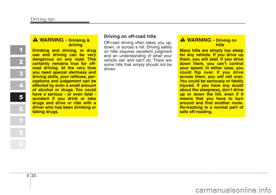 KIA Sportage 2008 JE_ / 2.G Owners Manual Driving tips
20 5
1
2
3
4
5
6
7
8
9
Driving on off-road hills
Off-road driving often takes you up,
down, or across a hill. Driving safely
on hills requires excellent judgment
and an understanding of w KIA Sportage 2008 JE_ / 2.G Owners Manual Driving tips
20 5
1
2
3
4
5
6
7
8
9
Driving on off-road hills
Off-road driving often takes you up,
down, or across a hill. Driving safely
on hills requires excellent judgment
and an understanding of w