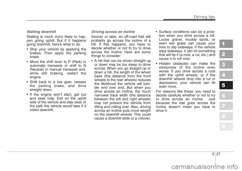 KIA Sportage 2008 JE_ / 2.G Owners Manual 527
Driving tips
1
2
3
4
5
6
7
8
9
Stalling downhill
Stalling is much more likely to hap-
pen going uphill. But if it happens
going downhill, here’s what to do.
• Stop your vehicle by applying the