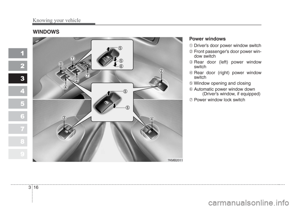 KIA Sportage 2008 JE_ / 2.G Owners Guide Knowing your vehicle
16 3
1
2
3
4
5
6
7
8
9
Power windows 
➀Driver’s door power window switch
➁Front passenger’s door power win-
dow switch
➂Rear door (left) power window
switch
➃Rear door