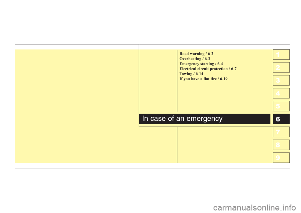 KIA Sportage 2008 JE_ / 2.G Owners Manual 1
2
3
4
5
6
7
8
9Road warning / 6-2
Overheating / 6-3
Emergency starting / 6-4
Electrical circuit protection / 6-7
Towing / 6-14
If you have a flat tire / 6-19
In case of an emergency 