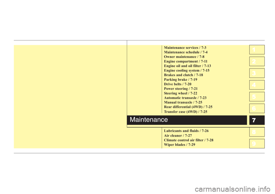 KIA Sportage 2008 JE_ / 2.G Owners Manual 1
2
3
4
5
6
7
8
9Maintenance services / 7-3
Maintenance schedule / 7-4
Owner maintenance / 7-8
Engine compartment / 7-11
Engine oil and oil filter / 7-13
Engine cooling system / 7-15
Brakes and clutch