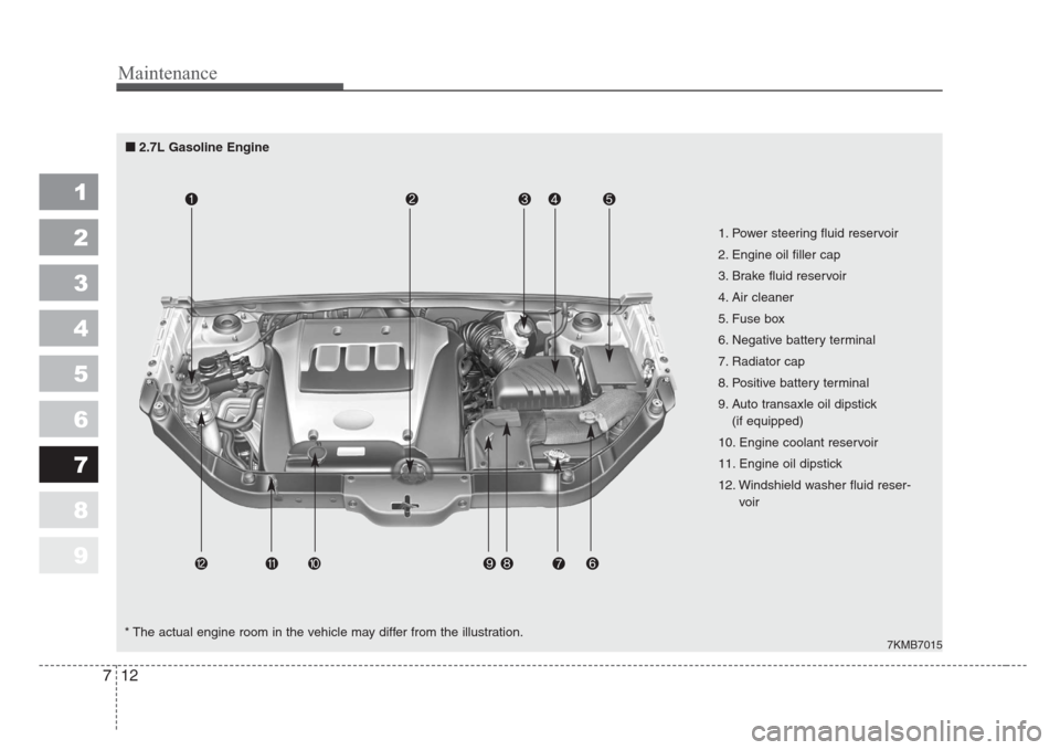 KIA Sportage 2008 JE_ / 2.G Owners Manual Maintenance
12 7
1
2
3
4
5
6
7
8
9
7KMB7015
1. Power steering fluid reservoir
2. Engine oil filler cap
3. Brake fluid reservoir
4. Air cleaner
5. Fuse box
6. Negative battery terminal
7. Radiator cap
