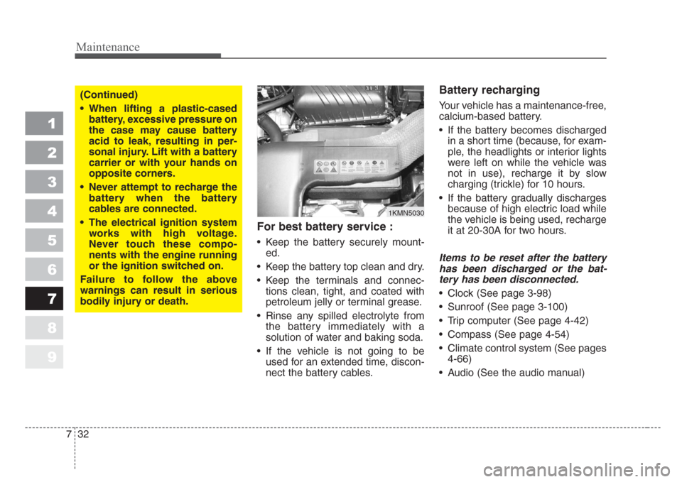 KIA Sportage 2008 JE_ / 2.G Owners Manual Maintenance
32 7
1
2
3
4
5
6
7
8
9
For best battery service :
• Keep the battery securely mount-
ed.
• Keep the battery top clean and dry.
• Keep the terminals and connec-
tions clean, tight, an KIA Sportage 2008 JE_ / 2.G Owners Manual Maintenance
32 7
1
2
3
4
5
6
7
8
9
For best battery service :
• Keep the battery securely mount-
ed.
• Keep the battery top clean and dry.
• Keep the terminals and connec-
tions clean, tight, an
