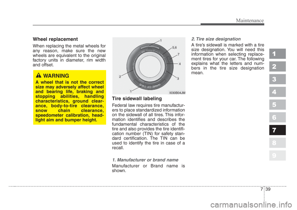 KIA Sportage 2008 JE_ / 2.G Owners Manual 739
Maintenance
1
2
3
4
5
6
7
8
9
Wheel replacement
When replacing the metal wheels for
any reason, make sure the new
wheels are equivalent to the original
factory units in diameter, rim width
and of KIA Sportage 2008 JE_ / 2.G Owners Manual 739
Maintenance
1
2
3
4
5
6
7
8
9
Wheel replacement
When replacing the metal wheels for
any reason, make sure the new
wheels are equivalent to the original
factory units in diameter, rim width
and of