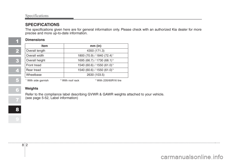 KIA Sportage 2008 JE_ / 2.G Owners Manual Specifications
2 8
1
2
3
4
5
6
7
8
9
Weights
SPECIFICATIONS
The specifications given here are for general information only. Please check with an authorized Kia dealer for more
precise and more up-to-d