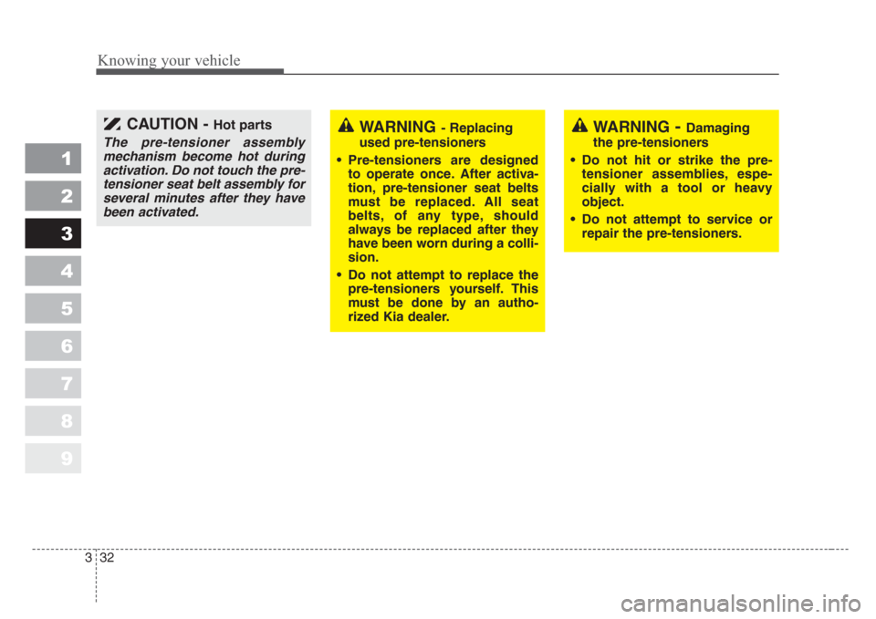 KIA Sportage 2008 JE_ / 2.G Service Manual Knowing your vehicle
32 3
1
2
3
4
5
6
7
8
9
WARNING- Replacing
used pre-tensioners
• Pre-tensioners are designed
to operate once.After activa-
tion, pre-tensioner seat belts
must be replaced.All sea KIA Sportage 2008 JE_ / 2.G Service Manual Knowing your vehicle
32 3
1
2
3
4
5
6
7
8
9
WARNING- Replacing
used pre-tensioners
• Pre-tensioners are designed
to operate once.After activa-
tion, pre-tensioner seat belts
must be replaced.All sea