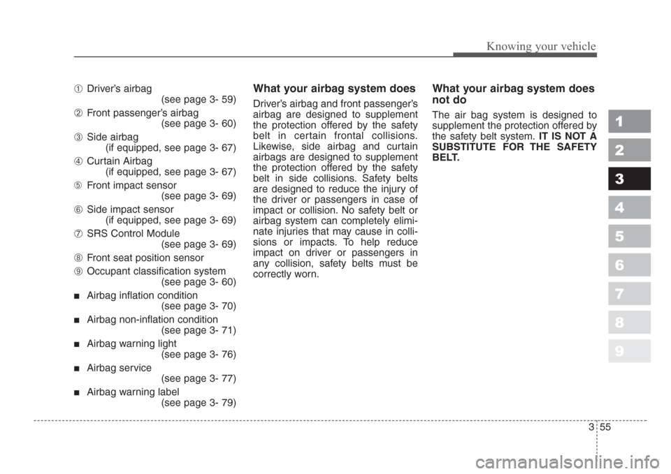 KIA Sportage 2008 JE_ / 2.G Repair Manual 355
1
2
3
4
5
6
7
8
9
Knowing your vehicle
➀Driver’s airbag
(see page 3- 59)
➁Front passenger’s airbag
(see page 3- 60)
➂Side airbag
(if equipped, see page 3- 67)
➃Curtain Airbag
(if equip KIA Sportage 2008 JE_ / 2.G Repair Manual 355
1
2
3
4
5
6
7
8
9
Knowing your vehicle
➀Driver’s airbag
(see page 3- 59)
➁Front passenger’s airbag
(see page 3- 60)
➂Side airbag
(if equipped, see page 3- 67)
➃Curtain Airbag
(if equip