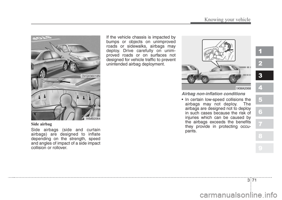 KIA Sportage 2008 JE_ / 2.G Manual PDF 371
1
2
3
4
5
6
7
8
9
Knowing your vehicle
Side airbag
Side airbags (side and curtain
airbags) are designed to inflate
depending on the strength, speed
and angles of impact of a side impact
collision KIA Sportage 2008 JE_ / 2.G Manual PDF 371
1
2
3
4
5
6
7
8
9
Knowing your vehicle
Side airbag
Side airbags (side and curtain
airbags) are designed to inflate
depending on the strength, speed
and angles of impact of a side impact
collision