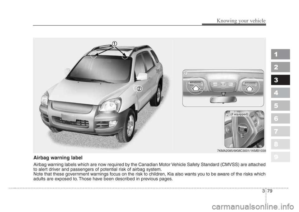 KIA Sportage 2008 JE_ / 2.G Manual Online 379
1
2
3
4
5
6
7
8
9
Knowing your vehicle
Airbag warning label
Airbag warning labels which are now required by the Canadian Motor Vehicle Safety Standard (CMVSS) are attached
to alert driver and pass KIA Sportage 2008 JE_ / 2.G Manual Online 379
1
2
3
4
5
6
7
8
9
Knowing your vehicle
Airbag warning label
Airbag warning labels which are now required by the Canadian Motor Vehicle Safety Standard (CMVSS) are attached
to alert driver and pass