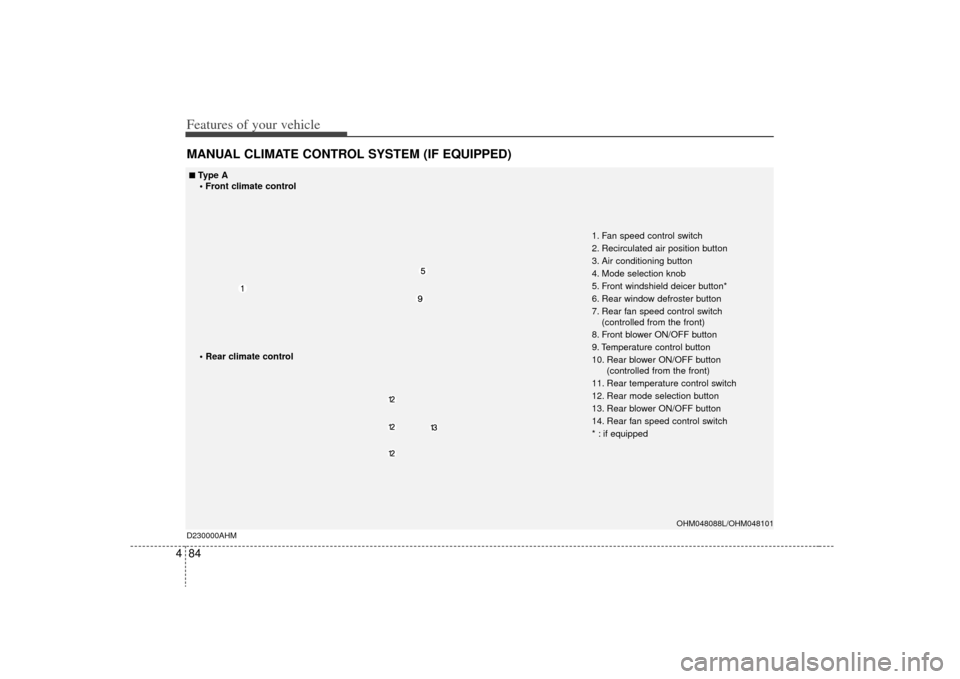 KIA Borrego 2009 1.G Owners Manual Features of your vehicle84
4MANUAL CLIMATE CONTROL SYSTEM (IF EQUIPPED)
OHM048088L/OHM048101
D230000AHM
■
■Type A • Front climate control 1. Fan speed control switch
2. Recirculated air position
