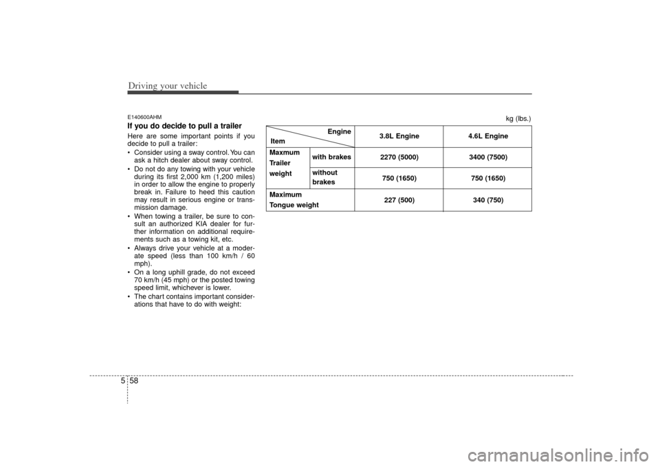 KIA Borrego 2009 1.G Owners Manual Driving your vehicle58
5E140600AHMIf you do decide to pull a trailerHere are some important points if you
decide to pull a trailer:
 Consider using a sway control. You can
ask a hitch dealer about swa