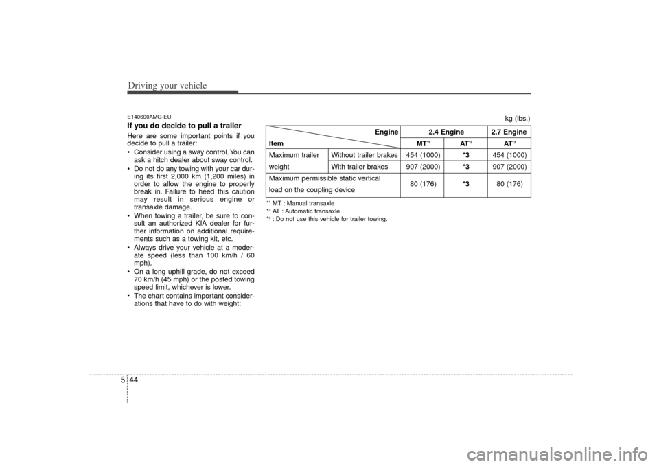 KIA Optima 2009 2.G Owners Manual Driving your vehicle44
5E140600AMG-EUIf you do decide to pull a trailerHere are some important points if you
decide to pull a trailer:
Consider using a sway control. You can
ask a hitch dealer about KIA Optima 2009 2.G Owners Manual Driving your vehicle44
5E140600AMG-EUIf you do decide to pull a trailerHere are some important points if you
decide to pull a trailer:
Consider using a sway control. You can
ask a hitch dealer about