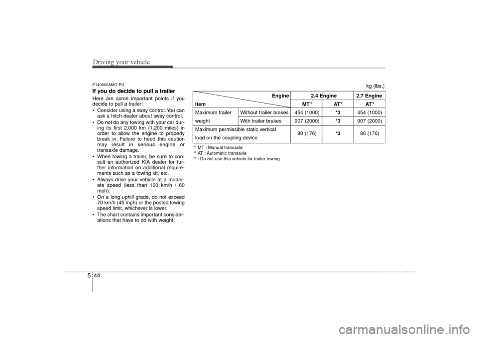 KIA Optima 2009 2.G Owners Manual Driving your vehicle44
5E140600AMG-EUIf you do decide to pull a trailerHere are some important points if you
decide to pull a trailer:
 Consider using a sway control. You can
ask a hitch dealer about 