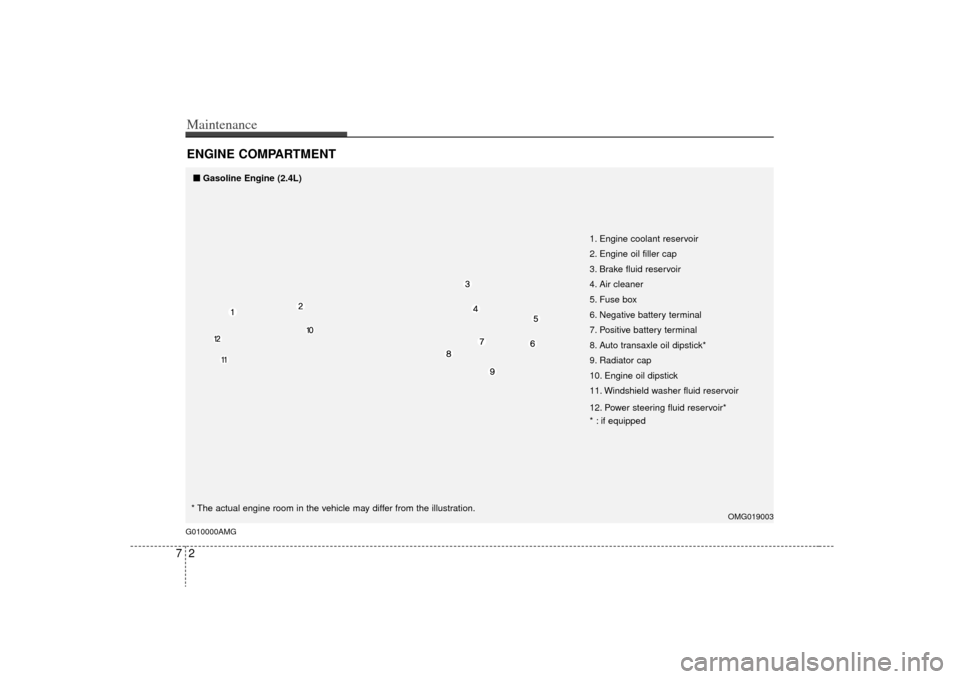 KIA Optima 2009 2.G Owners Manual Maintenance27ENGINE COMPARTMENT G010000AMGOMG019003■
■
Gasoline Engine (2.4L)
1. Engine coolant reservoir
2. Engine oil filler cap
3. Brake fluid reservoir
4. Air cleaner
5. Fuse box
6. Negative b