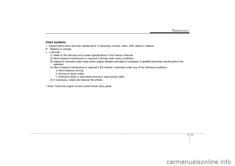 KIA Optima 2009 2.G Owners Manual 711
Maintenance
Chart symbols:I - Inspect these items and their related parts. If necessary, correct, clean, refill, adjust or replace.
R - Replace or change
L - Lubricate.(1) Refer to the lubricant a