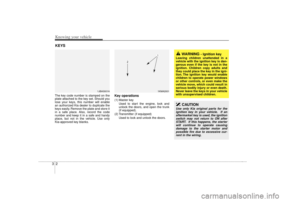 KIA Rio 2009 2.G Owners Manual Knowing your vehicle23The key code number is stamped on the
plate attached to the key set. Should you
lose your keys, this number will enable
an authorized Kia dealer to duplicate the
keys easily. Rem