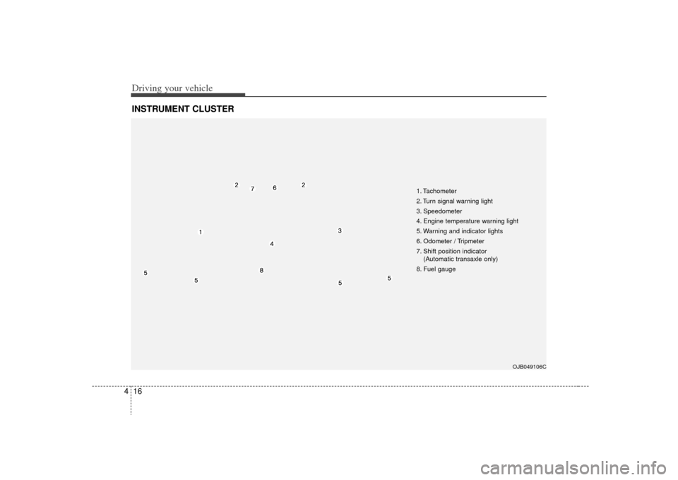 KIA Rio 2009 2.G Owners Manual Driving your vehicle16
4INSTRUMENT CLUSTER
OJB049106C
1. Tachometer 
2. Turn signal warning light
3. Speedometer
4. Engine temperature warning light
5. Warning and indicator lights
6. Odometer / Tripm