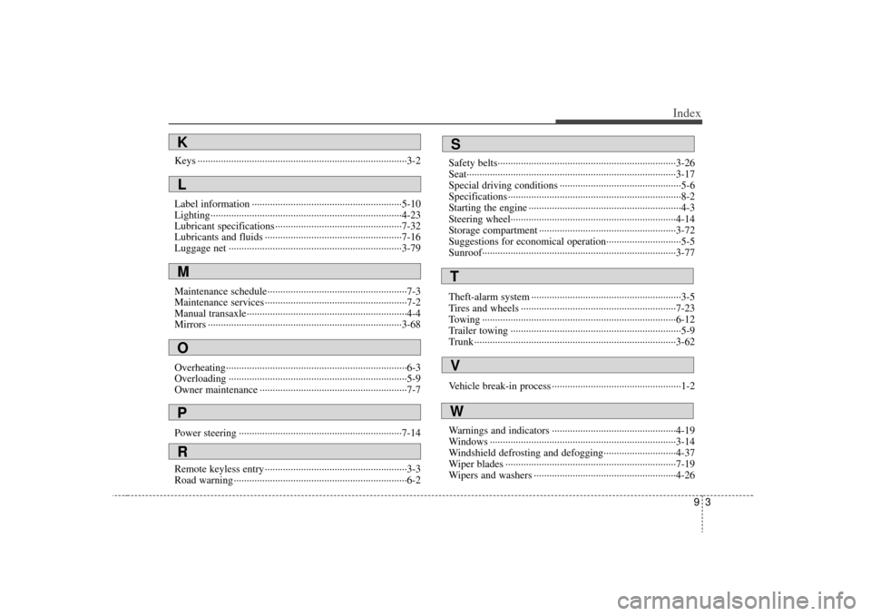 KIA Rio 2009 2.G Owners Manual 93
Index
Keys ··················\
··················\
··················\
··················\
·········3-2
Label inform