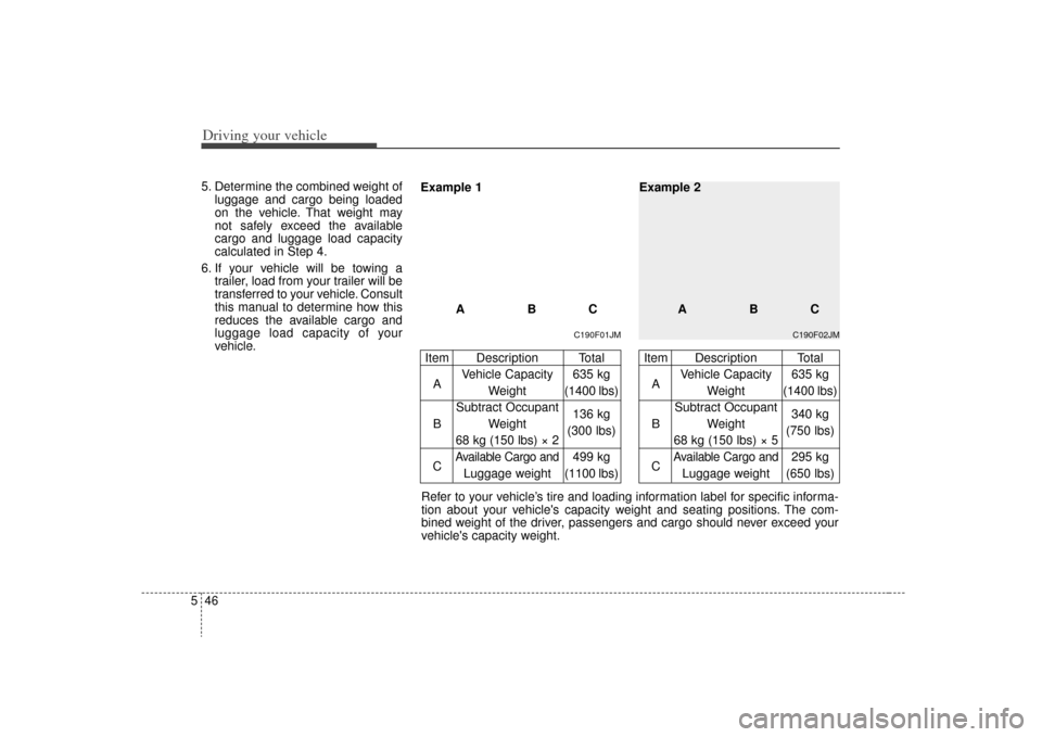 KIA Carens 2009 2.G Owners Manual Driving your vehicle46
55. Determine the combined weight of
luggage and cargo being loaded
on the vehicle. That weight may
not safely exceed the available
cargo and luggage load capacity
calculated in