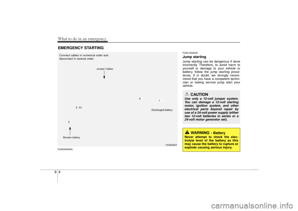 KIA Carens 2009 2.G Owners Manual What to do in an emergency46EMERGENCY STARTINGF040000AUNF040100AUN
Jump starting  Jump starting can be dangerous if done
incorrectly. Therefore, to avoid harm to
yourself or damage to your vehicle or
