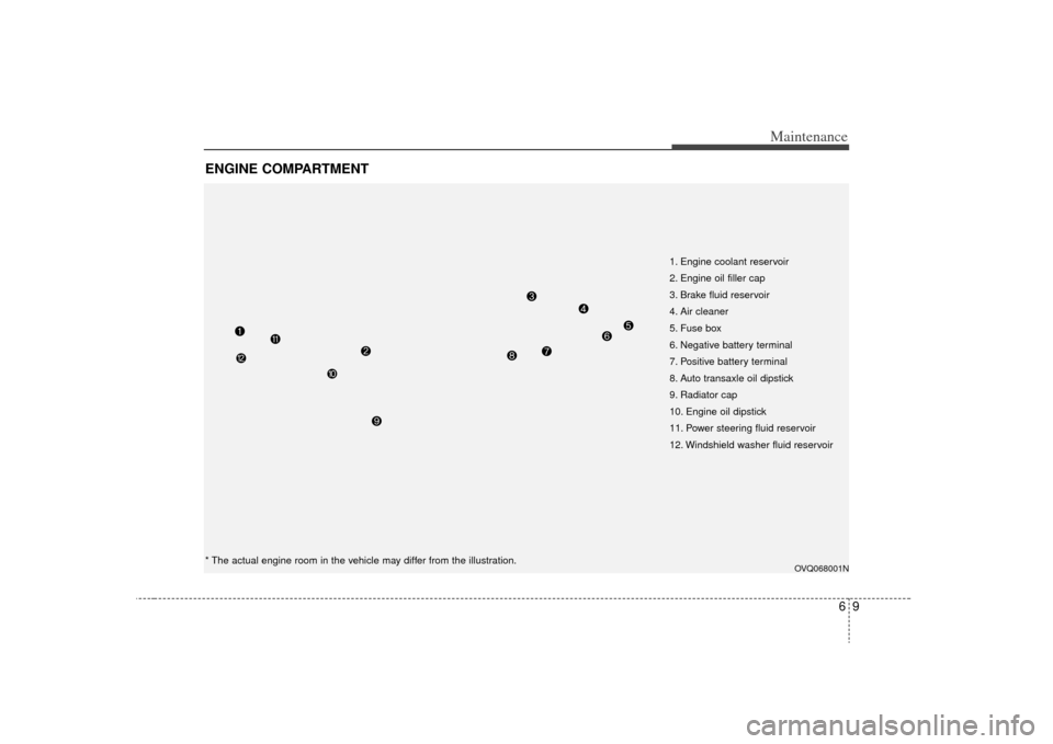 KIA Sedona 2009 2.G User Guide 69
Maintenance
ENGINE COMPARTMENT 
OVQ068001N
1. Engine coolant reservoir
2. Engine oil filler cap
3. Brake fluid reservoir
4. Air cleaner
5. Fuse box
6. Negative battery terminal
7. Positive battery 