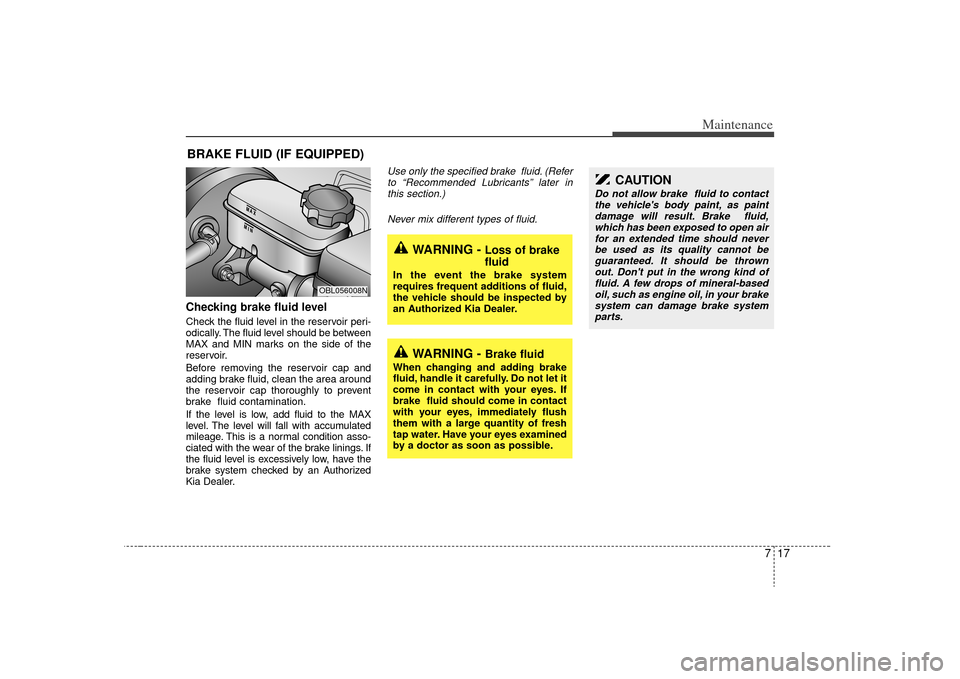 KIA Sorento 2009 2.G Owners Manual 717
Maintenance
BRAKE FLUID (IF EQUIPPED)Checking brake fluid level  Check the fluid level in the reservoir peri-
odically. The fluid level should be between
MAX and MIN marks on the side of the
reser