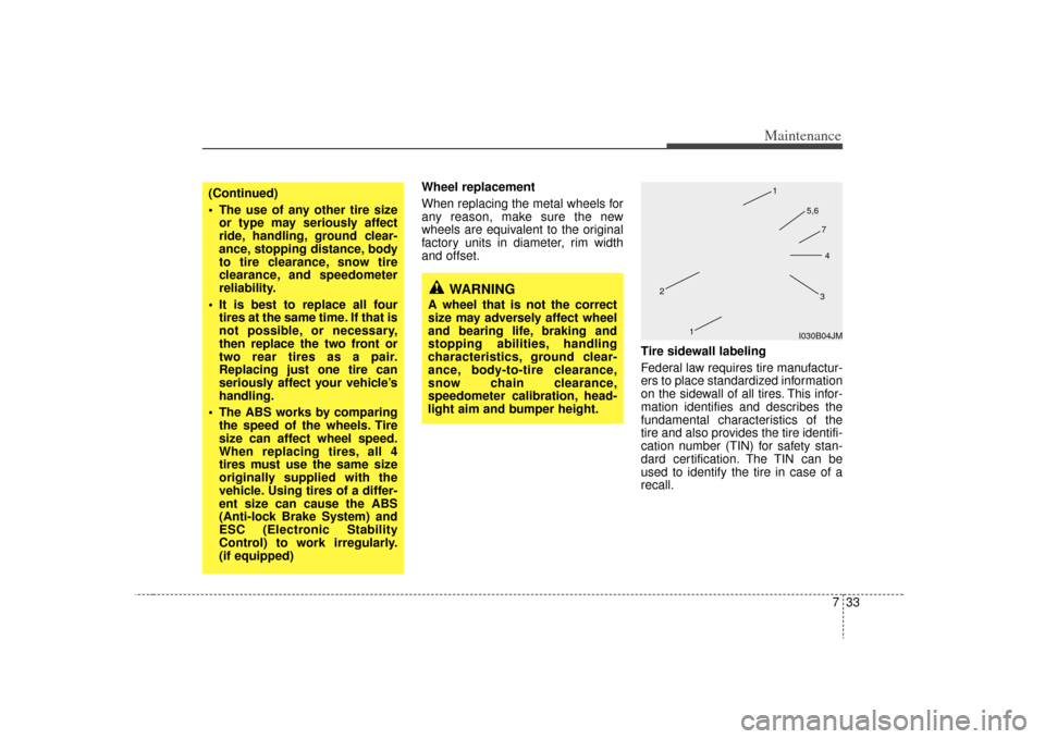 KIA Sorento 2009 2.G Owners Manual 733
Maintenance
Wheel replacement 
When replacing the metal wheels for
any reason, make sure the new
wheels are equivalent to the original
factory units in diameter, rim width
and offset.Tire sidewall