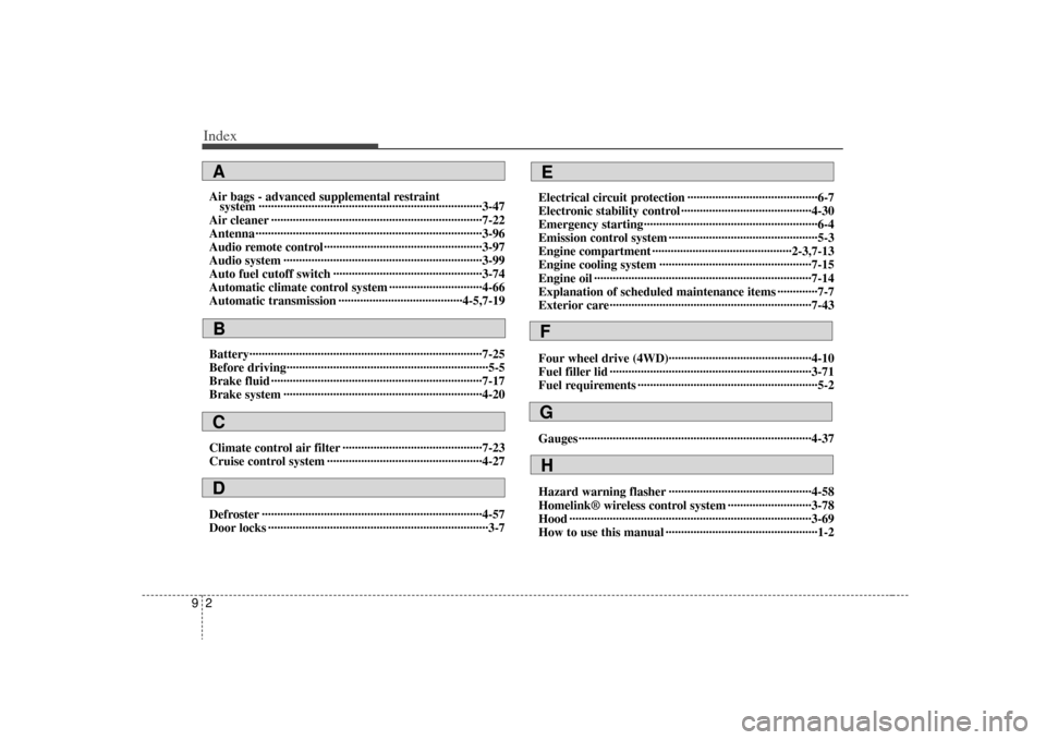 KIA Sorento 2009 2.G Owners Manual Index29Air bags - advanced supplemental restraint system ··················\
··················\
··················\
·············· KIA Sorento 2009 2.G Owners Manual Index29Air bags - advanced supplemental restraint system ··················\
··················\
··················\
··············Â