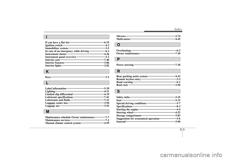 KIA Sorento 2009 2.G Owners Manual 93
Index
If you have a flat tire ··················\
··················\
···············6-19
Ignition switch ··················\
·