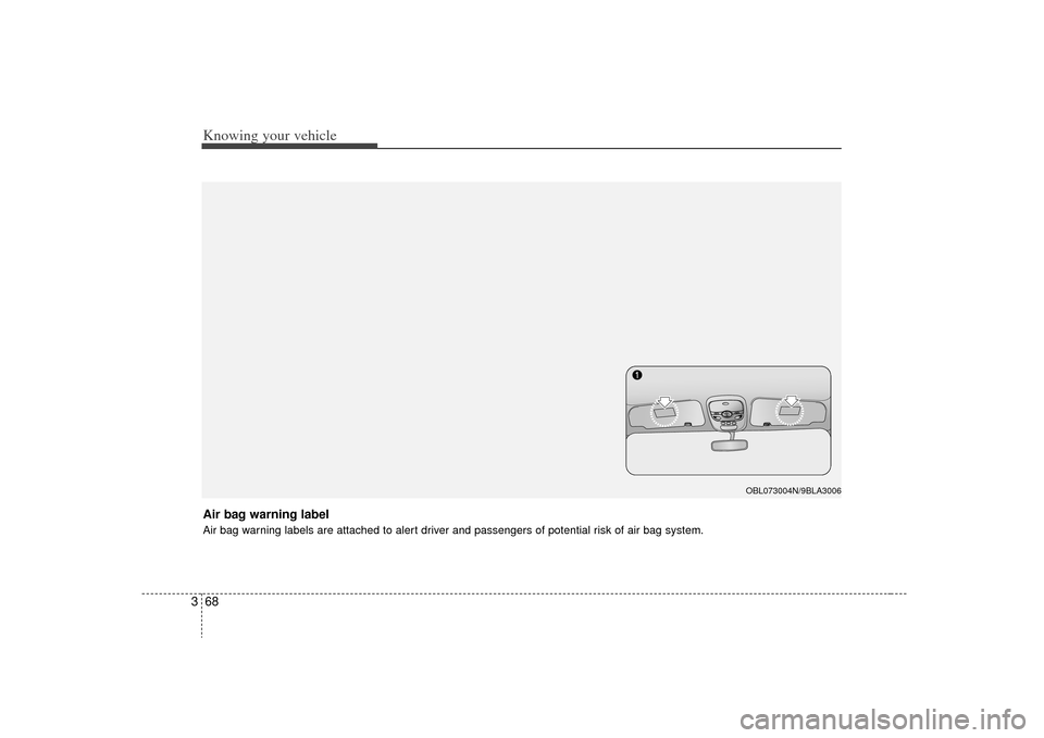 KIA Sorento 2009 2.G Manual PDF Knowing your vehicle68
3Air bag warning labelAir bag warning labels are attached to alert driver and passengers of potential risk of air bag system.
OBL073004N/9BLA3006 KIA Sorento 2009 2.G Manual PDF Knowing your vehicle68
3Air bag warning labelAir bag warning labels are attached to alert driver and passengers of potential risk of air bag system.
OBL073004N/9BLA3006