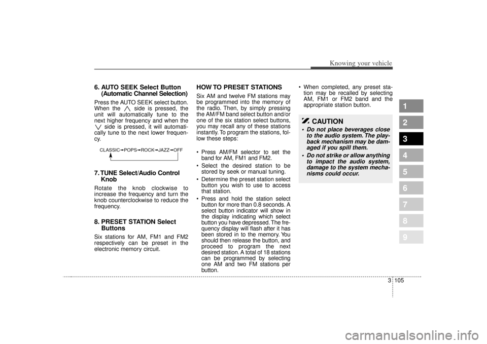 KIA Spectra 2009 2.G Owners Manual 3 105
Knowing your vehicle
1
2
3
4
5
6
7
8
9
6. AUTO SEEK Select Button(Automatic Channel Selection)Press the AUTO SEEK select button.
When the  side is pressed, the
unit will automatically tune to th