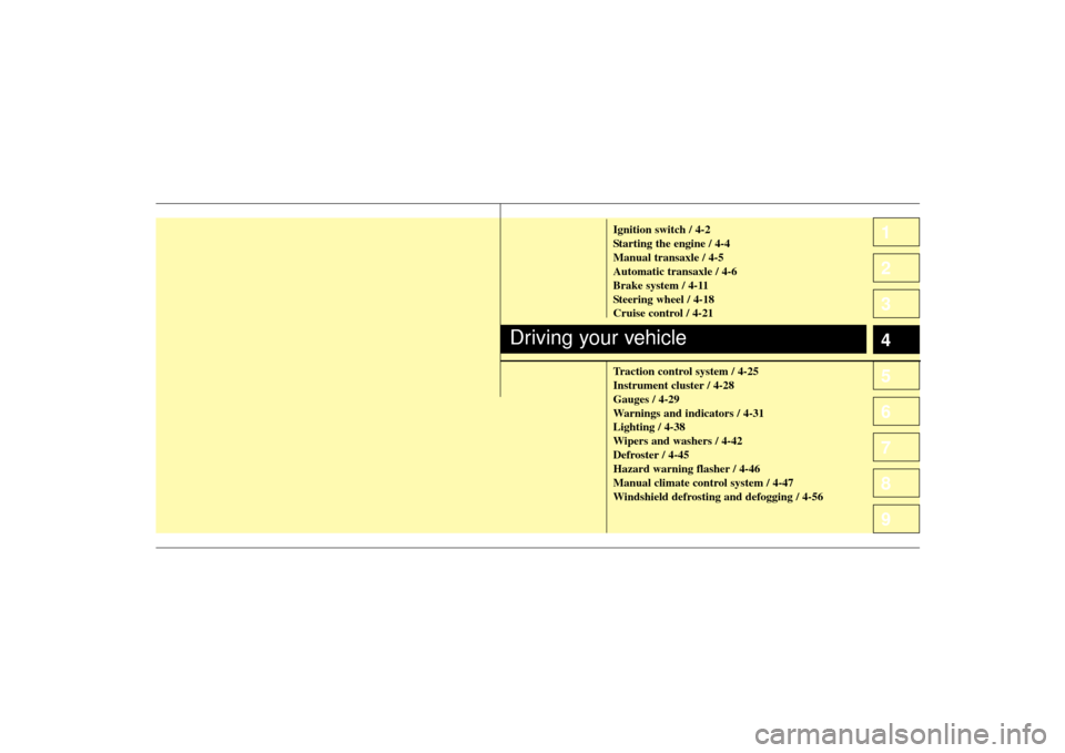 KIA Spectra 2009 2.G Owners Manual 1
2
3
4
5
6
7
8
9
Ignition switch / 4-2
Starting the engine / 4-4
Manual transaxle / 4-5
Automatic transaxle / 4-6
Brake system / 4-11
Steering wheel / 4-18
Cruise control / 4-21
Traction control syst